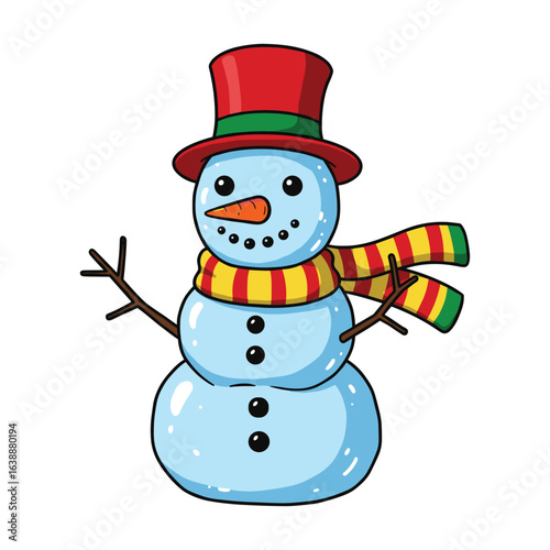 Cheerful snowman with red hat and striped scarf in winter wonder – stock vector flat illustration