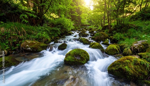 A crystal-clear mountain stream flowing gently over smooth moss-covered rocks, surrounded by lush green forest, soft sunlight filtering through the trees