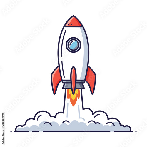 Retro style rocket launching with blue window and orange flames – stock vector flat illustration
