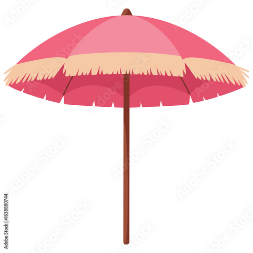 Bright pink beach umbrella with fringed edges and wooden pole – stock vector flat illustration