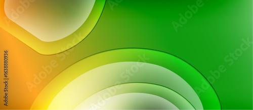 Abstract design features layered curves, vibrant colors. Orange, yellow, green blend smoothly creating dynamic visual effect. Smooth gradients dominate composition.