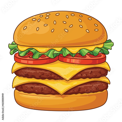 Delicious double cheeseburger with lettuce and tomato illustration – stock vector flat illustration