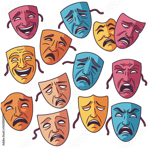 Colorful theater masks displaying comedy and tragedy emotions – stock vector flat illustration