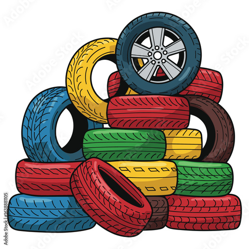 Colorful stack of car tires with vibrant patterns and alloy wheel on top – stock vector flat illustration