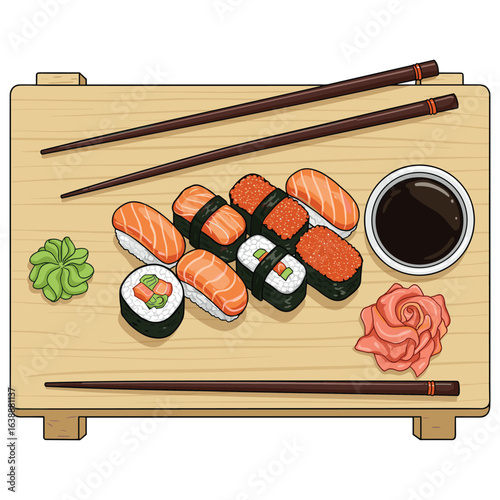 Assorted sushi platter with chopsticks and soy sauce on wooden board – stock vector flat illustration