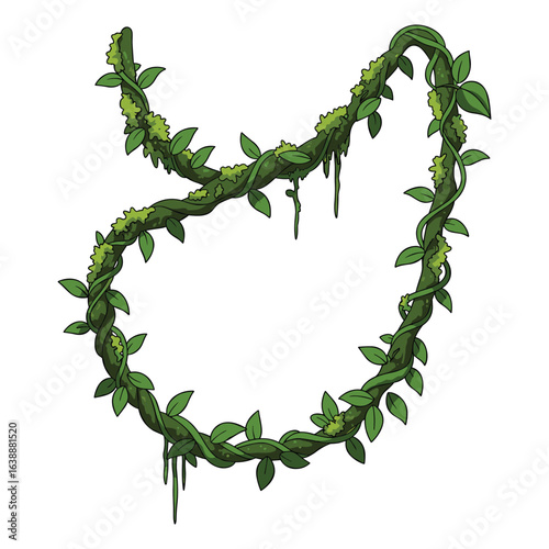 Green vine with leaves and moss curving – stock vector flat illustration