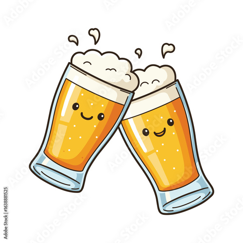 Animated beer glasses with smiling faces celebrating with foam splash – stock vector flat illustration