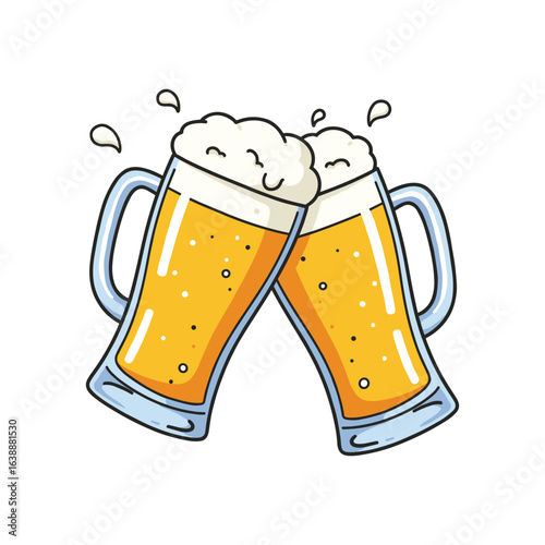 Cartoon beer mugs clinking with frothy tops celebrating cheers – stock vector flat illustration