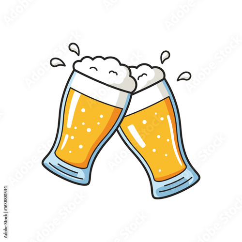 Two clinking beer glasses with foam and splashing bubbles – stock vector flat illustration
