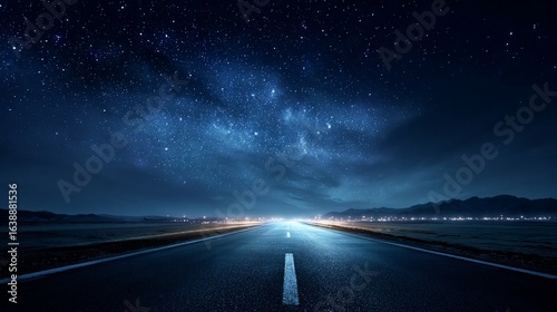 Asphalt road leads to city lights under bright starlit night sky