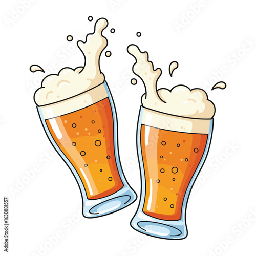 Two frothy beer glasses clinking with splashing foam – stock vector flat illustration