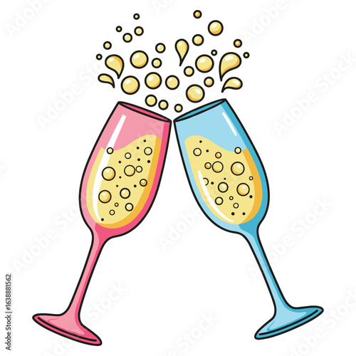 Sparkling champagne toast with two colorful glasses – stock vector flat illustration