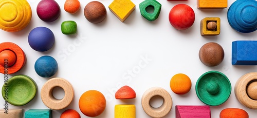 Colorful wooden toys arranged in a frame on a white background