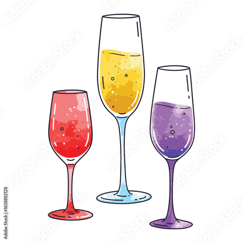 Colorful cocktail glasses trio with red, yellow, and purple drinks – stock vector flat illustration