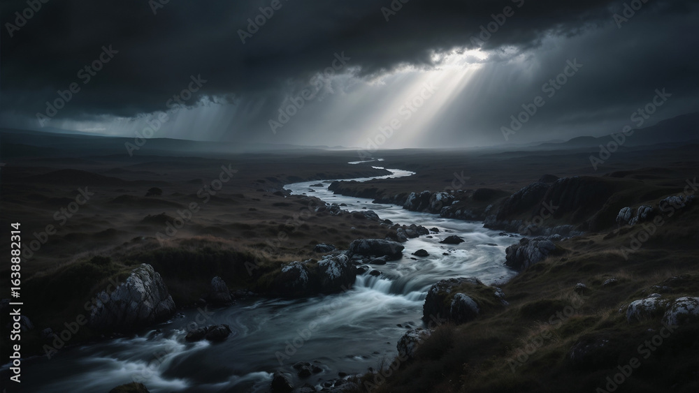 Obraz premium Dramatic Moody River Landscape with Sun Rays Breaking Through Dark Clouds