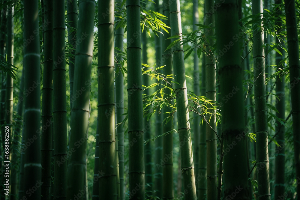 Fototapeta premium Tranquil Bamboo Forest with Sunlight Filtering Through Green Stalks