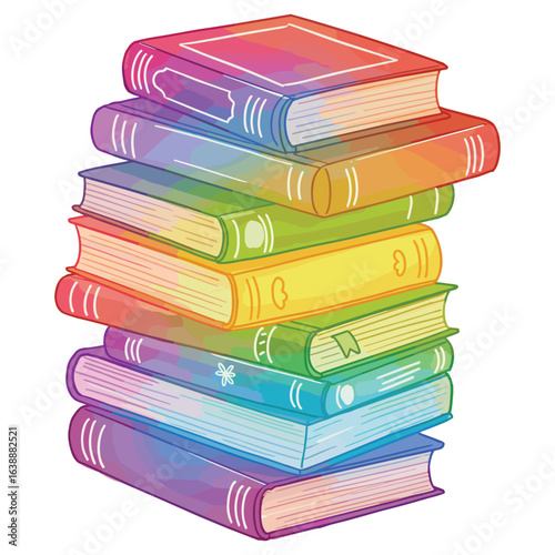 Colorful rainbow stack of books with vibrant covers – stock vector flat illustration