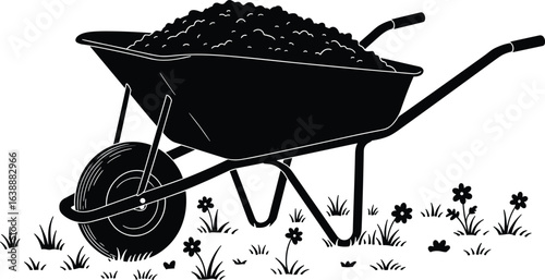Silhouette wheelbarrow filled with soil, garden tool on grass with flowers, rural outdoor equipment vector, dirt cart illustration, black isolated landscaping design
