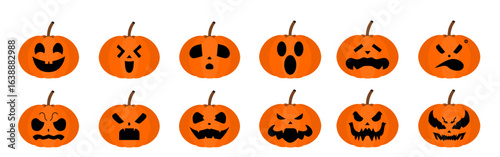 set of pumpkin expression vector flat design. collection of jack o lantern face