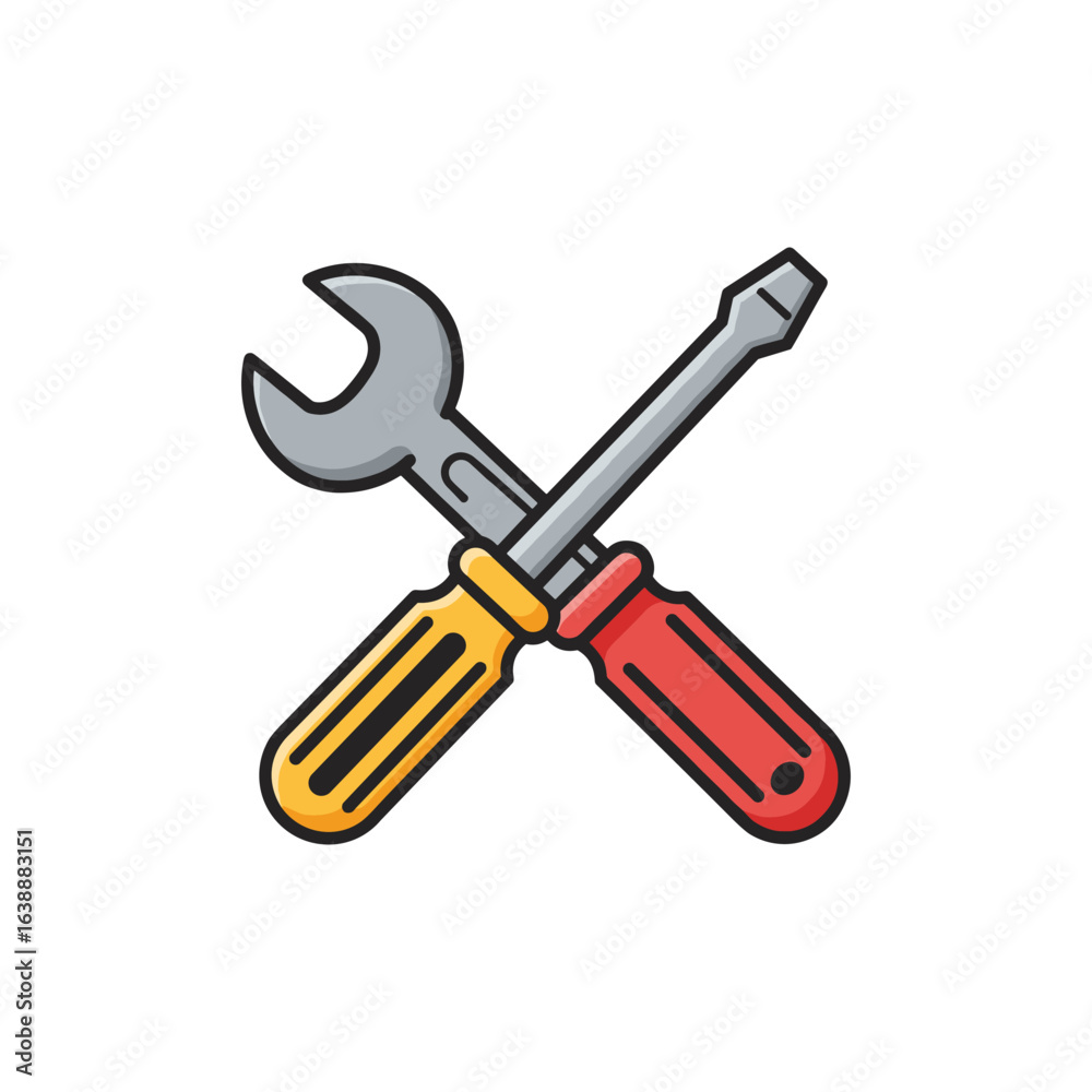 Crossed wrench and screwdriver icon representing repair and maintenance tools – stock vector flat illustration Crossed wrench and screwdriver icon representing repair and maintenance tools – stock vector flat illustration