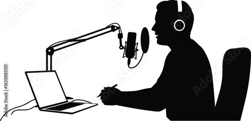 Podcast host recording audio, silhouette of man with microphone, laptop and headphones, broadcasting from studio, black vector illustration, content creation, online radio