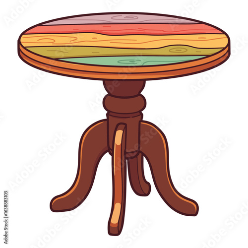 Colorful wooden round table with pedestal base and vibrant design – stock vector flat illustration