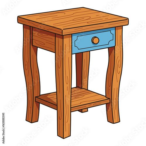 Wooden nightstand with drawer and shelf featuring curved legs and blue accent – stock vector flat illustration