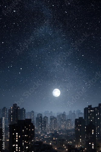 City Nightscape Under Stars and Moon