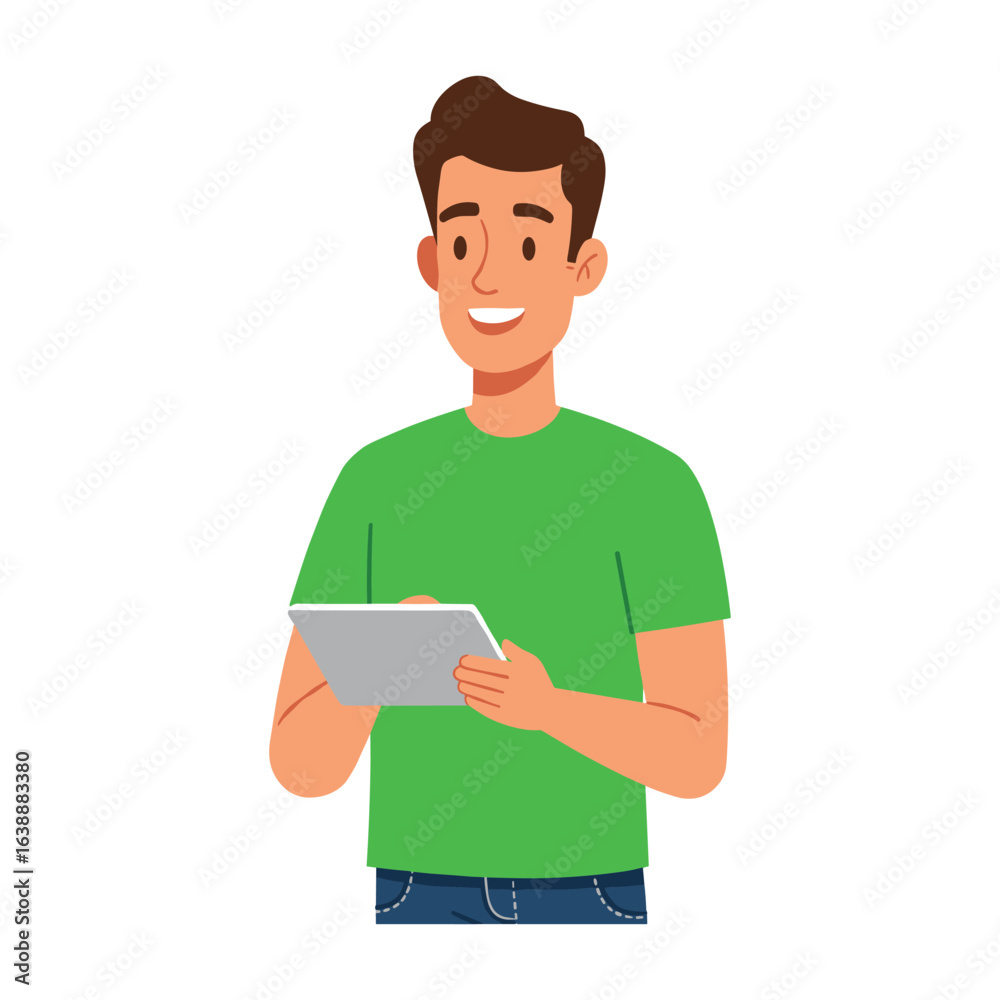 Cartoon young male character in green shirt holding tablet smiling – stock vector flat illustration Cartoon young male character in green shirt holding tablet smiling – stock vector flat illustration