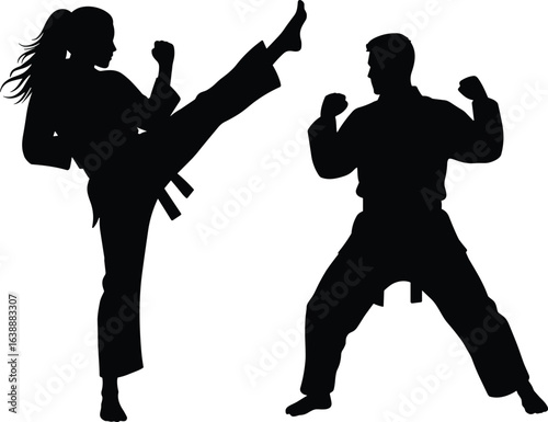 Karate woman and man sparring, martial arts high kick pose, silhouette fighters training, self defense action, black vector illustration, isolated combat sports design