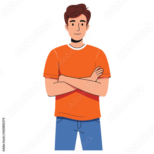 Young caucasian male cartoon character with orange shirt and blue jeans – stock vector flat illustration