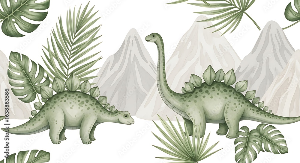 Fototapeta premium Watercolor Illustration of Two Dinosaurs with Palm Leaves and Mountains Background