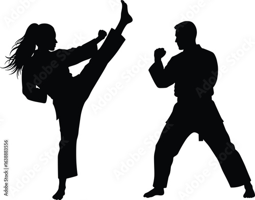 Karate man and woman sparring, martial arts silhouette in action, high kick pose, self defense training, isolated black vector illustration, fighting stance posture