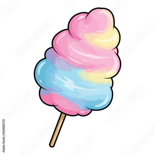 Colorful cotton candy on stick with pastel pink, blue, yellow swirls – stock vector flat illustration