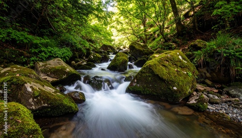 Pristine clear stream meandering over weathered rocks in a lush green valley, sparkling water under dappled sunlight