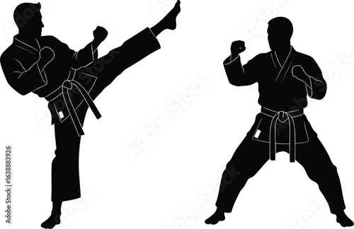 Karate combat action, martial arts silhouette fighters in uniform, high kick pose, self defense training, isolated black vector illustration, sparring competition stance