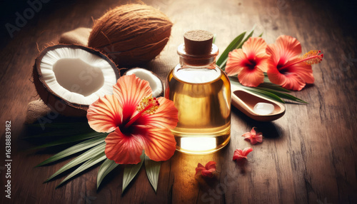 Ayurvedic Hair Oil Being Poured with Hibiscus and Coconut for Hair Care