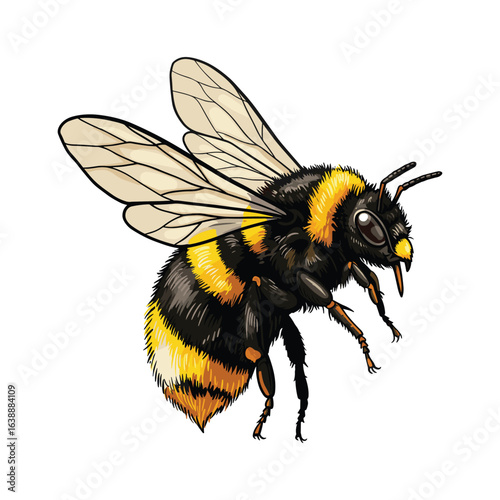 Detailed illustration of a flying bee with transparent wings and yellow stripes – stock vector flat illustration