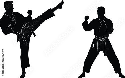 Two martial artists practicing karate, high kick and defensive stance, self-defense training, martial arts competition, karate uniform, discipline, sport combat, fitness activity, sparring session.