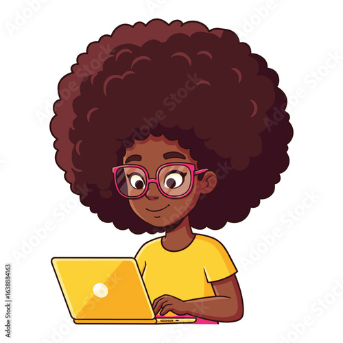 Young african female child with glasses using laptop – stock vector flat illustration
