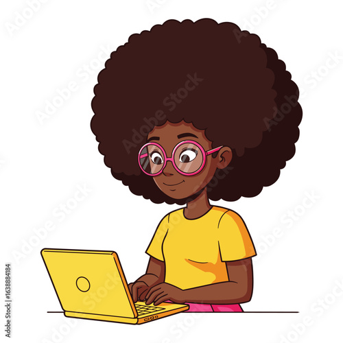 African female child with glasses typing on yellow laptop – stock vector flat illustration