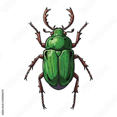 Illustrated green beetle with horns – stock vector flat illustration