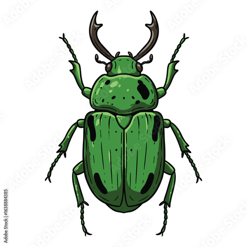 Detailed illustration of a green stag beetle with distinctive antlers – stock vector flat illustration