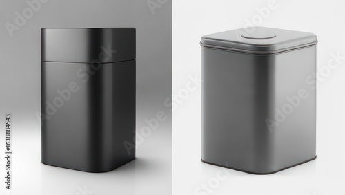 Modern Diptych: Sleek Matte Black and Classic Grey Metal Tins for Packaging Mockups