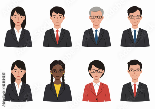 Diverse Business People Avatars Set: Multi-Ethnic Professional Men and Women in Business Attire on White Background, Representing Global Workforce and Corporate Teams.