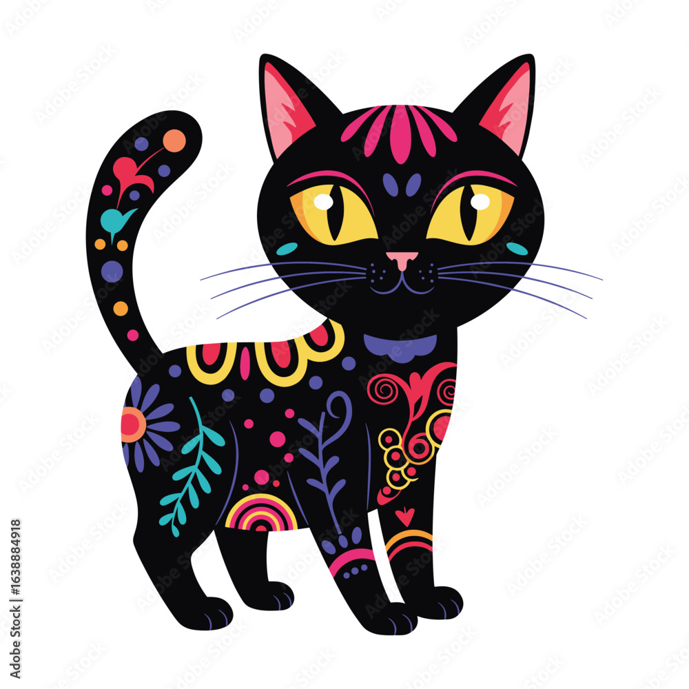 Obraz premium Colorful folk art style cat with vibrant patterns and yellow eyes – stock vector flat illustration