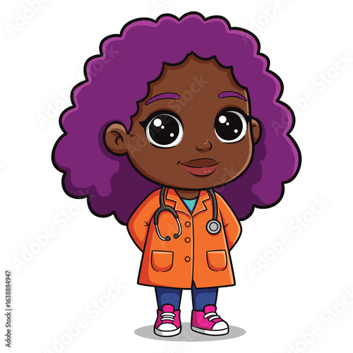 Cute cartoon african female child doctor with purple hair and stethoscope – stock vector flat illustration