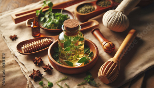 Ayurvedic Massage Oil with Floating Herbs and Wooden Tools for Therapy