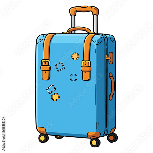 Blue suitcase with stickers and orange accents on wheels – stock vector flat illustration
