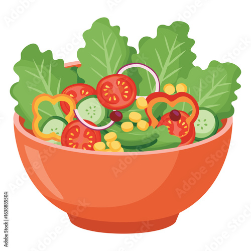 Fresh vegetable salad with tomatoes, cucumber, and lettuce in orange bowl – stock vector flat illustration